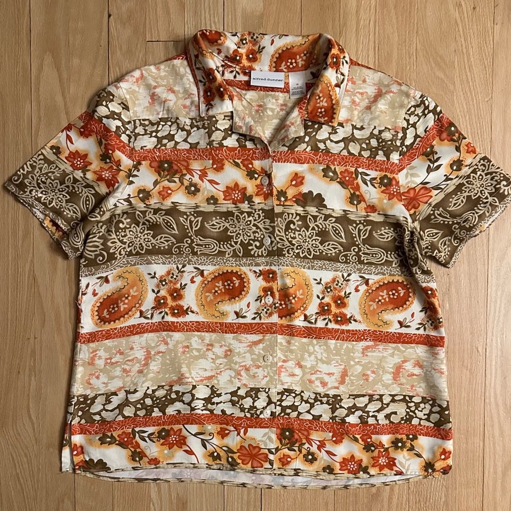 Alfred Dunner Unisex Paisley Floral Short Sleeve Button Down Shirt Vintage, 14